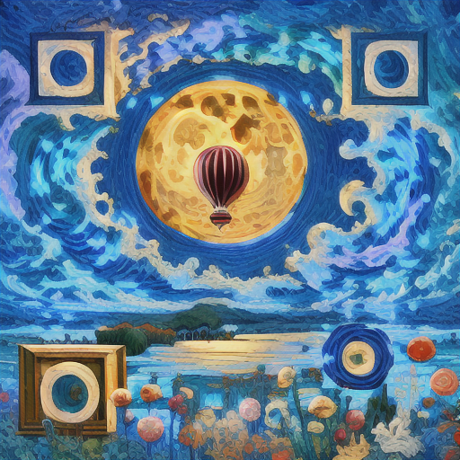 A painterly night sky with a hot-air balloon in front of a full moon, carrying the three finder patterns of a QR code
