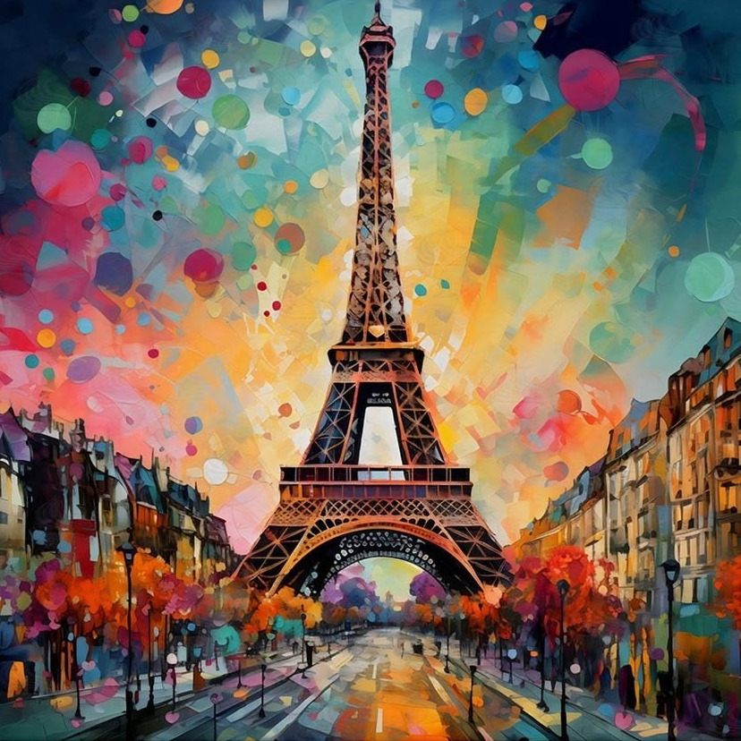 Reference photo: the Eiffel Tower in colourful impressionist strokes