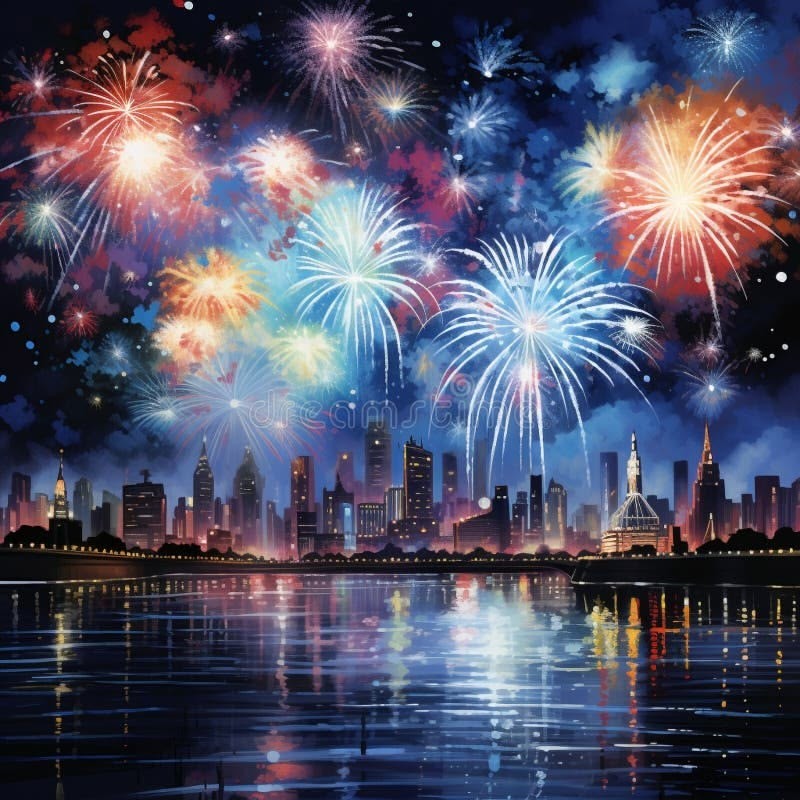 Reference photo: fireworks over a city skyline at night