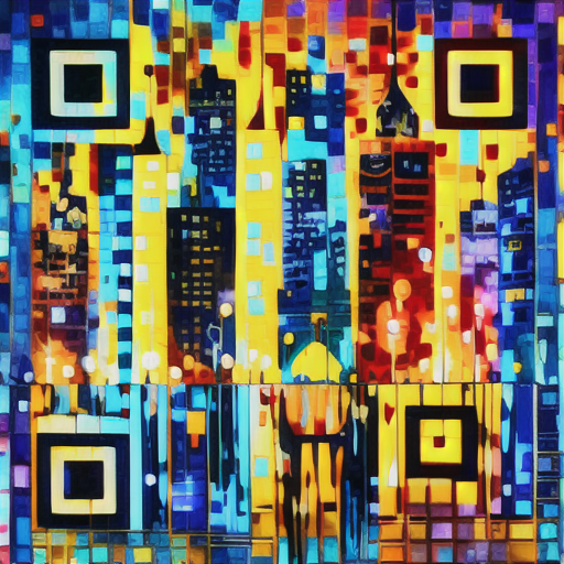 QR art from the default pipeline: the same skyline, with finder patterns in three corners and an alignment pattern in the fourth