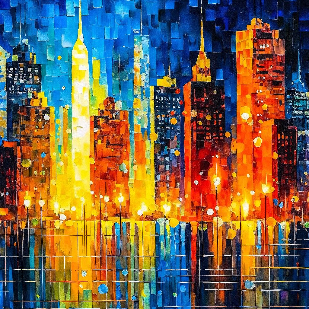 Reference artwork: a mosaic-painted city skyline at night, blue sky above amber towers reflected in water